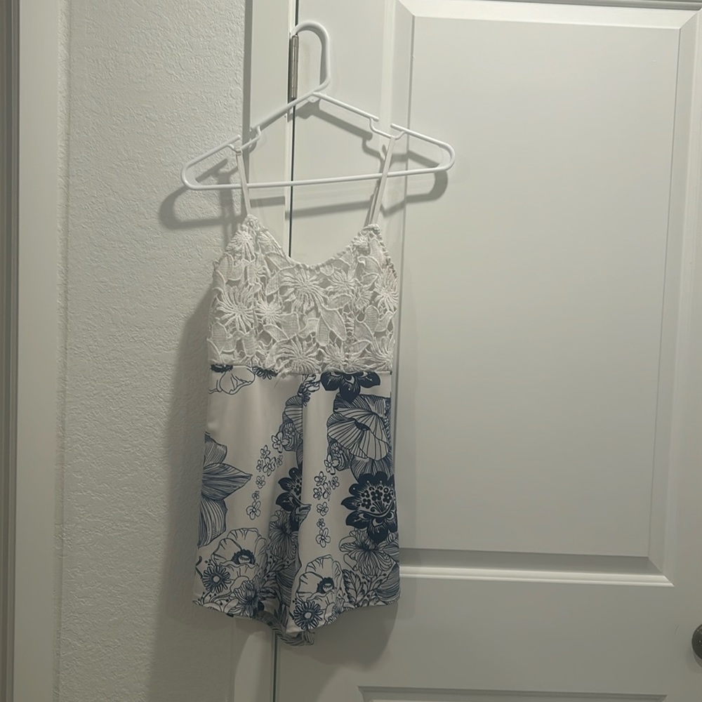 Blue and white floral romper